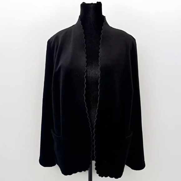 Black Velvet Jacket Blazer L Vintage Union Made Scalloped Party Office Church - Picture 2 of 8